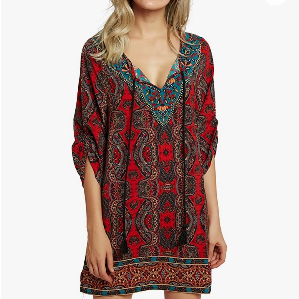 🆕Red Boho Tribal Printed Swim Cover Up Dress